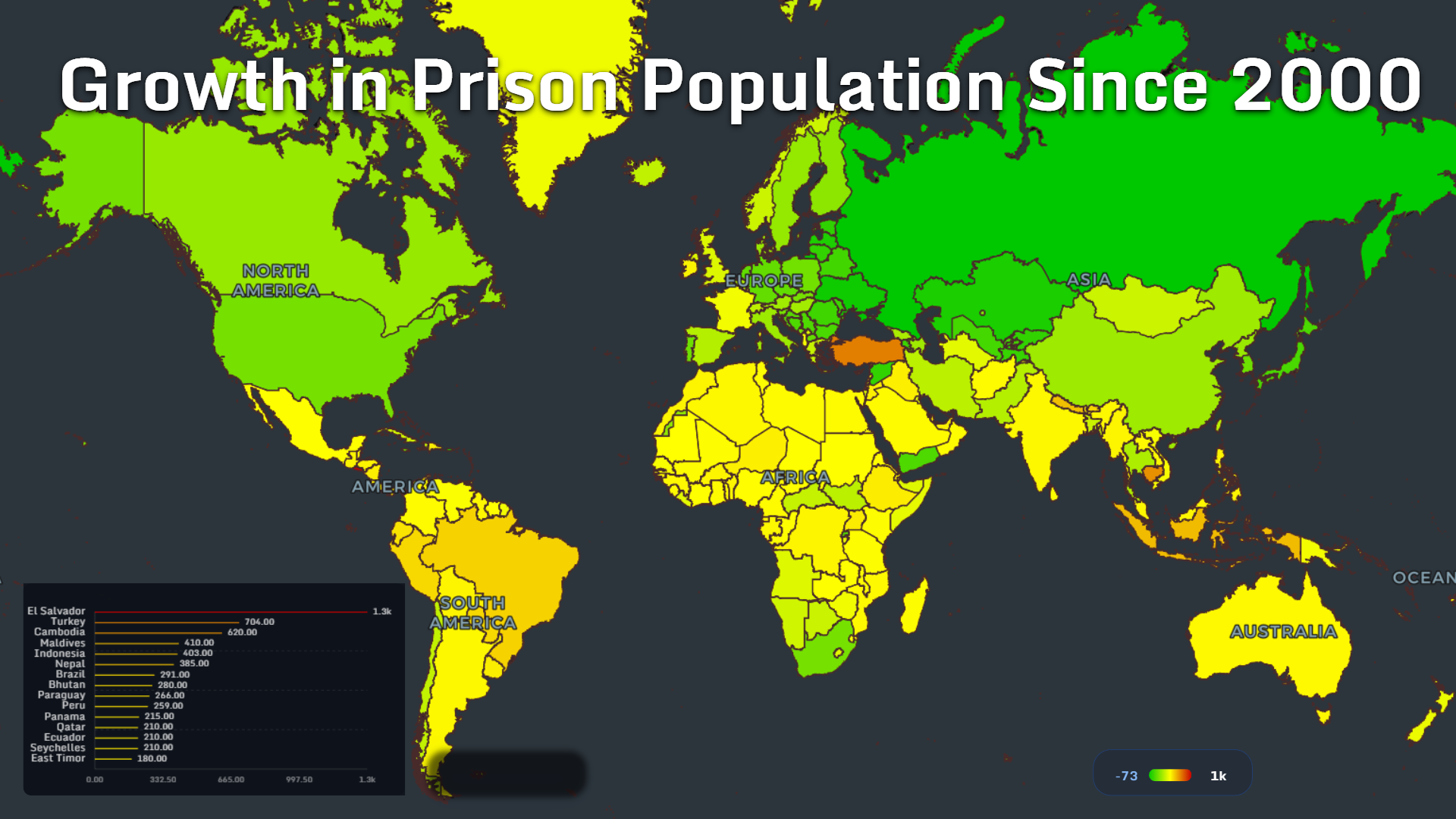 World map showing growth in prison population since 2000 by country